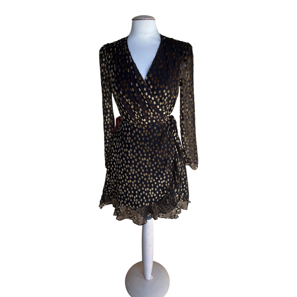 Alex Marie Black Gold Polka Dot Wrap Dress Sheer Ruffle Size 4 Velvet Burnout